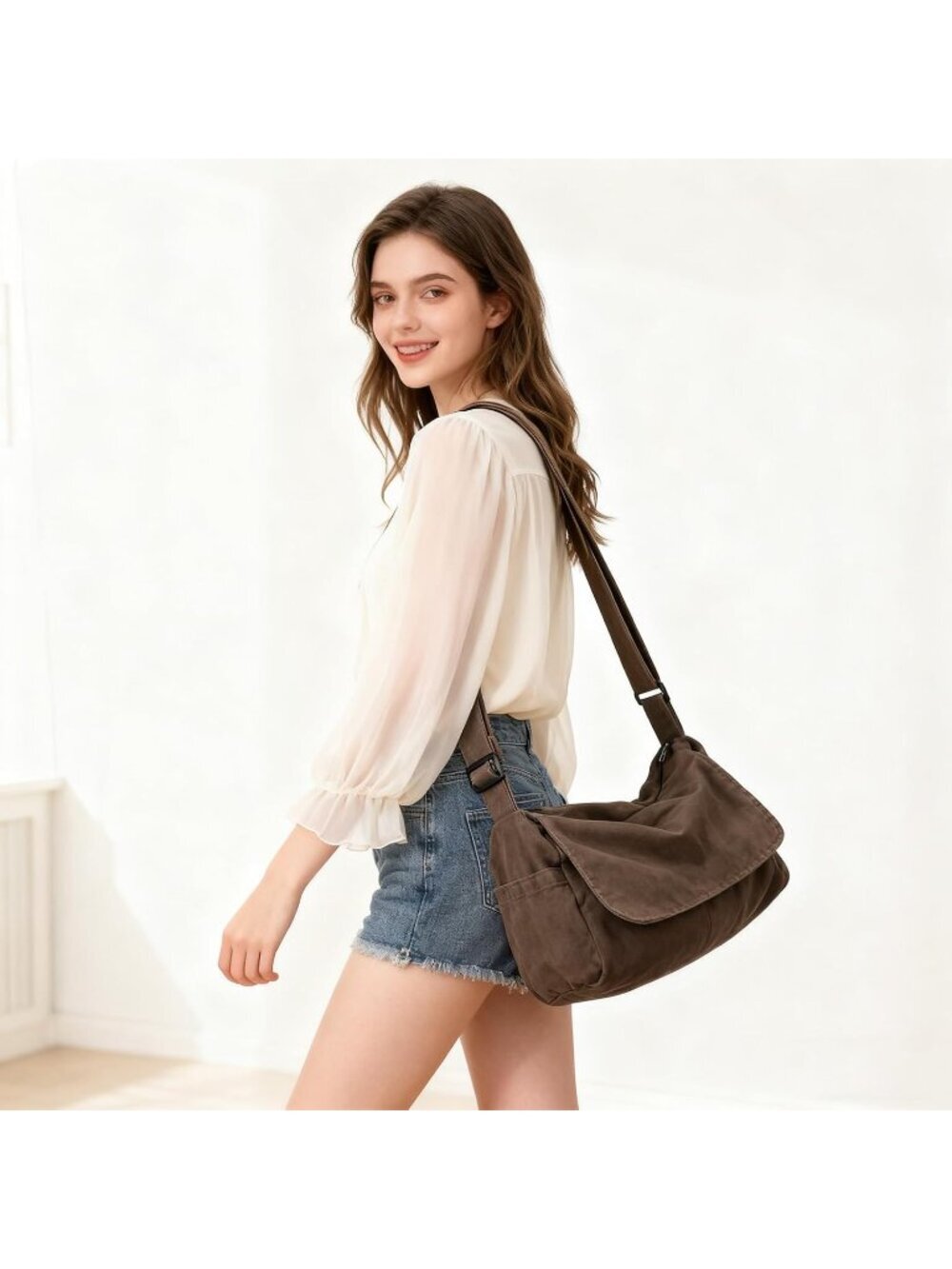 Women's A-coffee Zipper Casual Sling Aesthetic Crossbody Shoulder Bag - Picture 7 of 7